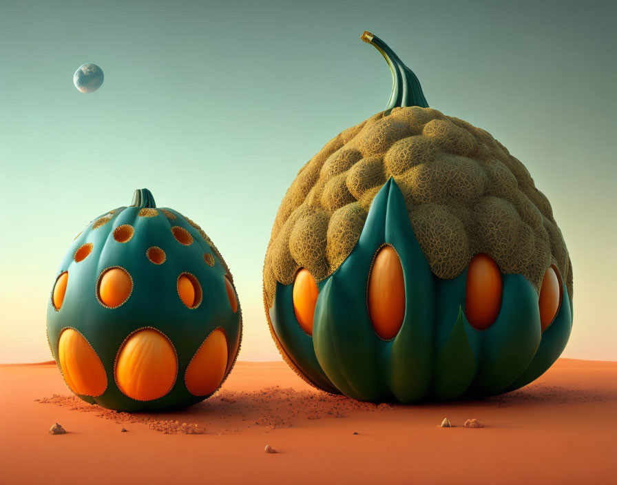 Stylized pumpkins with unique textures on sandy surface under dusky sky