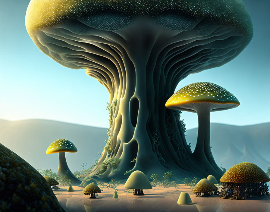 Surreal Landscape: Glowing Oversized Mushrooms in Dusk Sky