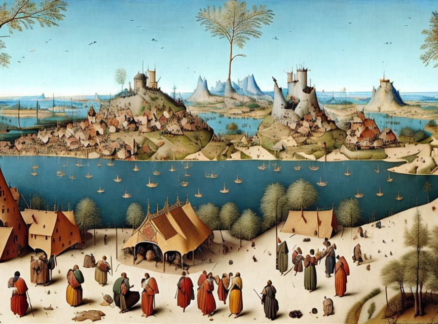 Renaissance painting of bustling river landscape with people, boats, buildings