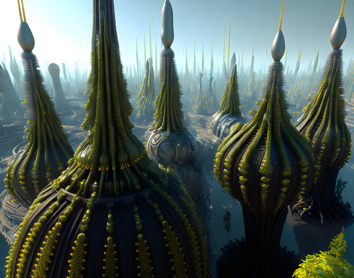 Futuristic landscape with spire-like structures and misty atmosphere in blue and green hues