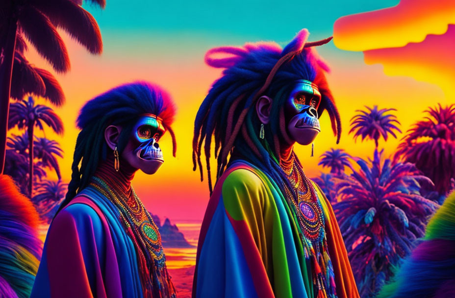 Colorful illustration: Tribal characters with dreadlocks on neon-lit beach