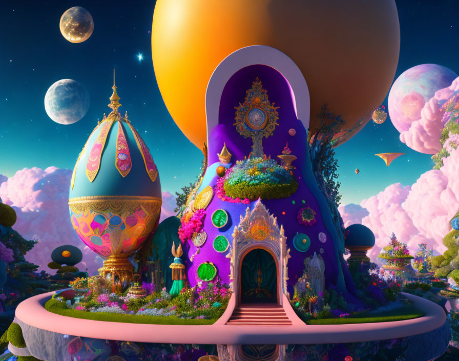 Colorful Egg-Shaped Building in Vibrant Fantasy Landscape