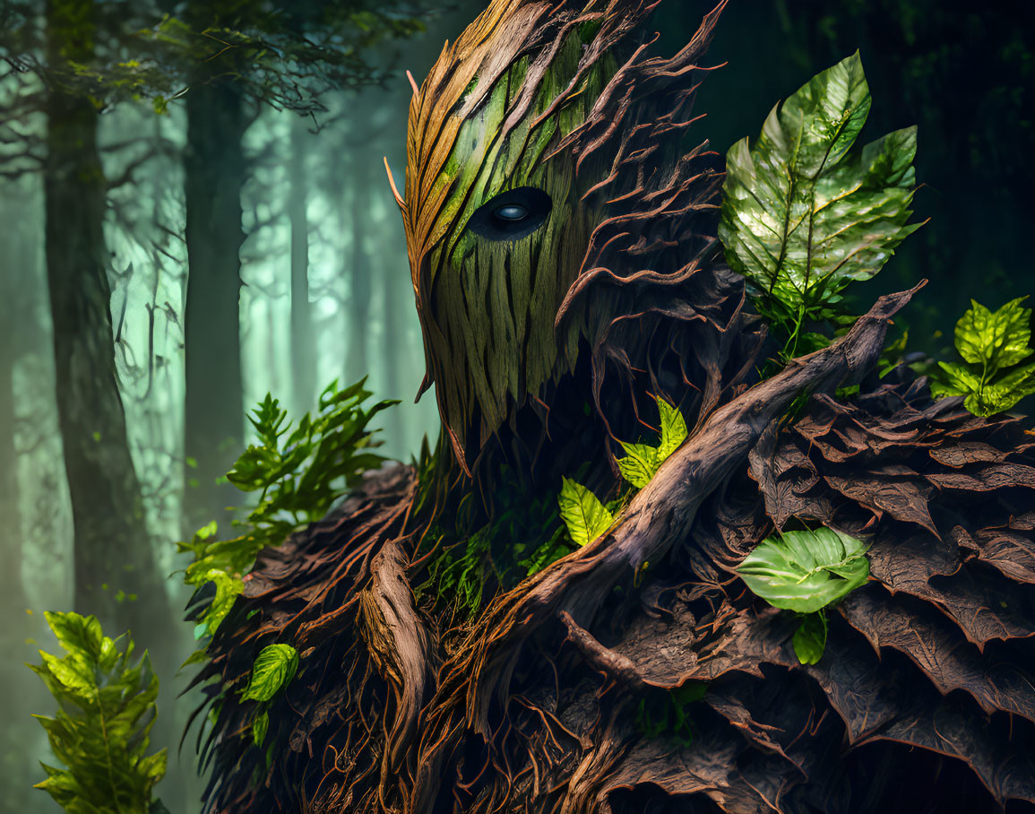 Mystical forest creature with bark-like skin and single eye in lush green foliage