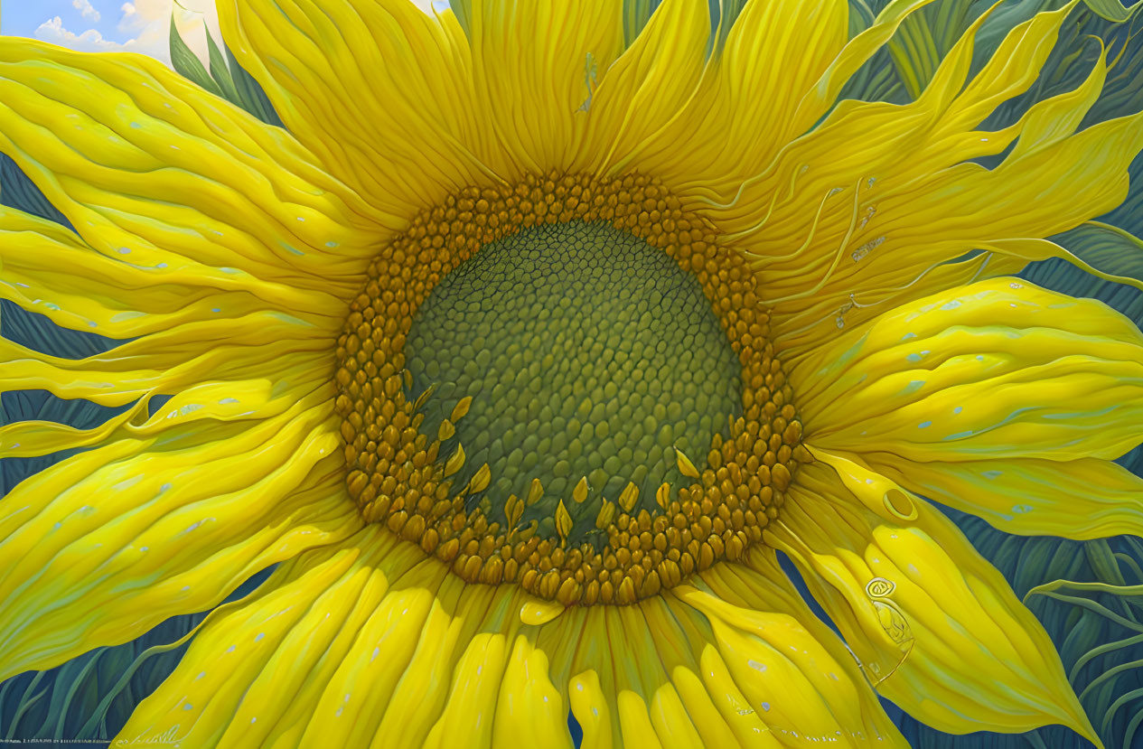 Detailed close-up of vibrant sunflower with yellow petals and textured green center, enhanced by sunlight and dro