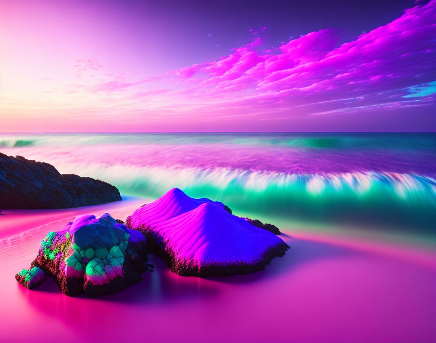 Colorful Sky and Beach Scene with Purple, Pink, and Green Hues