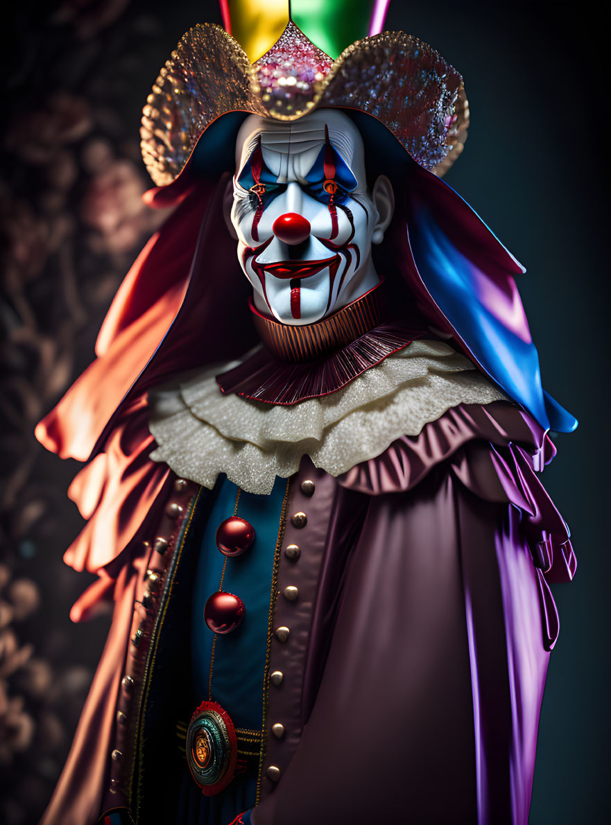 Colorful 3D clown character with wide ruffled collar and painted face on dark background