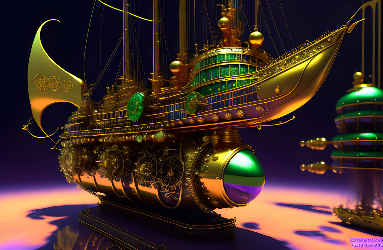 Golden steampunk airship with glowing green elements above magenta surface