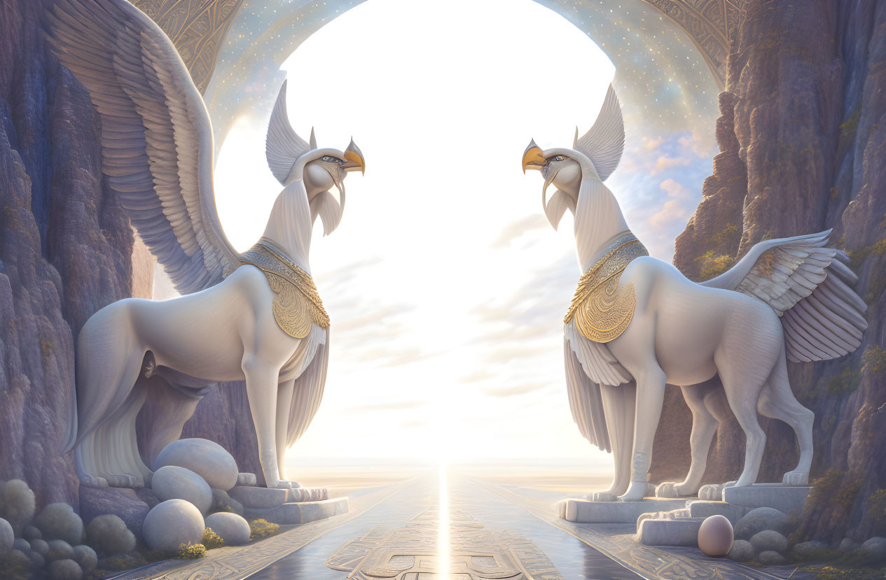 Majestic winged horses on pathway to sunlit horizon with star-adorned archways