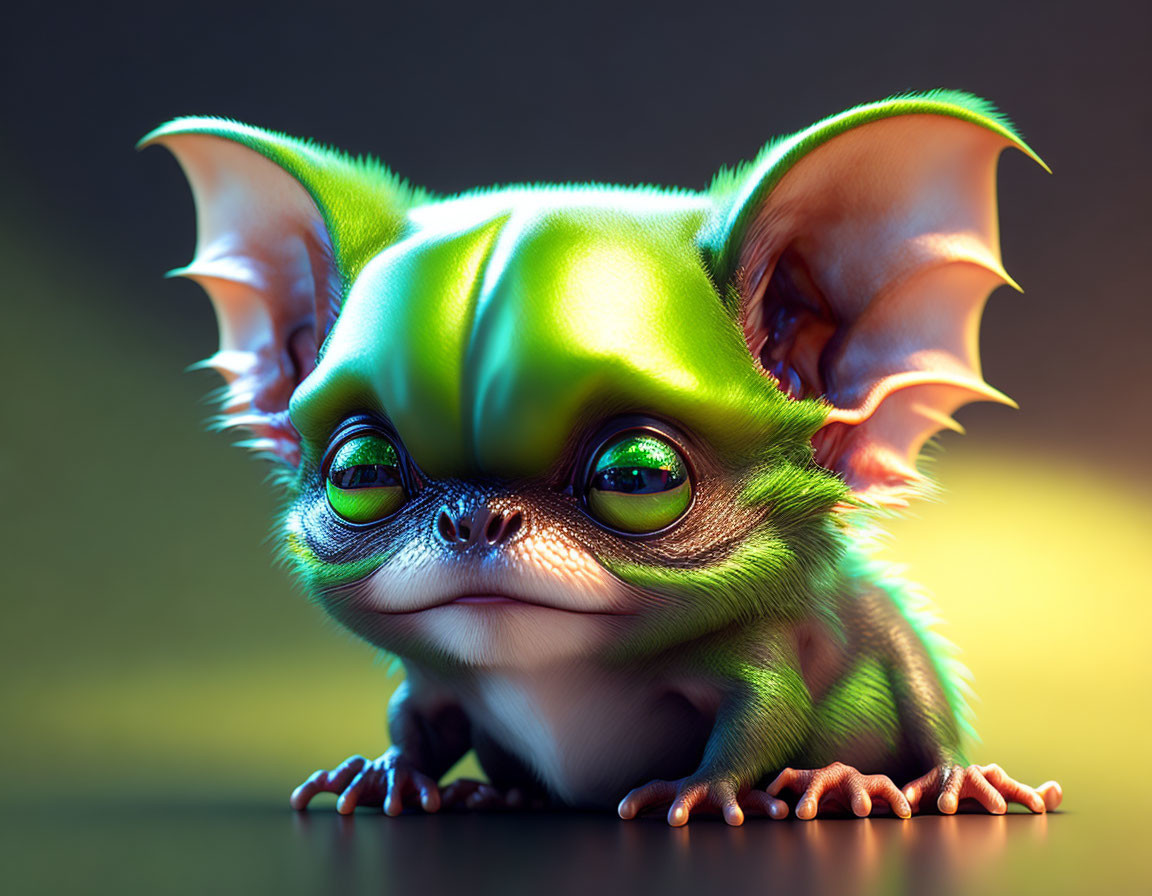 Whimsical creature with dog-like body and bat-like ears on dark background