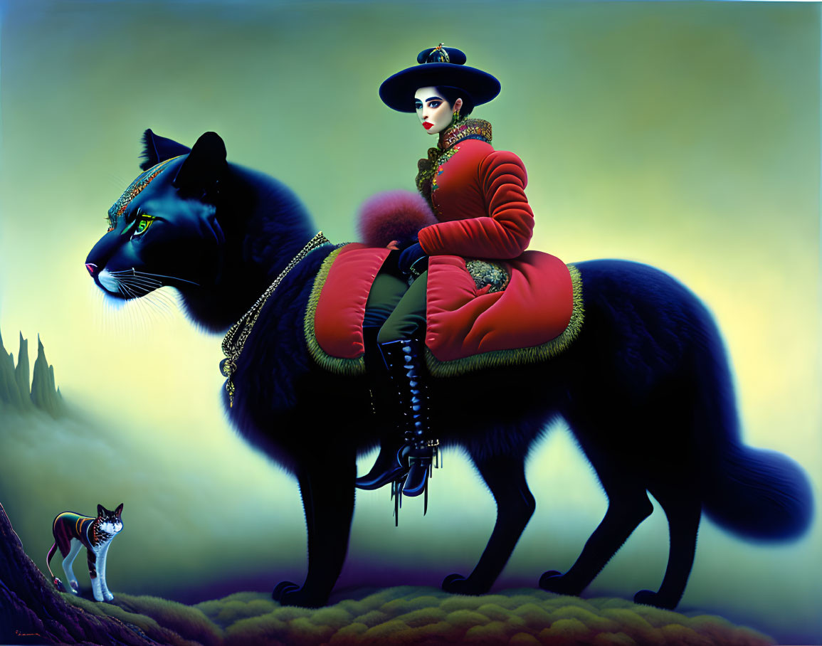 Surreal image: Woman in red military outfit riding giant black cat in foggy landscape