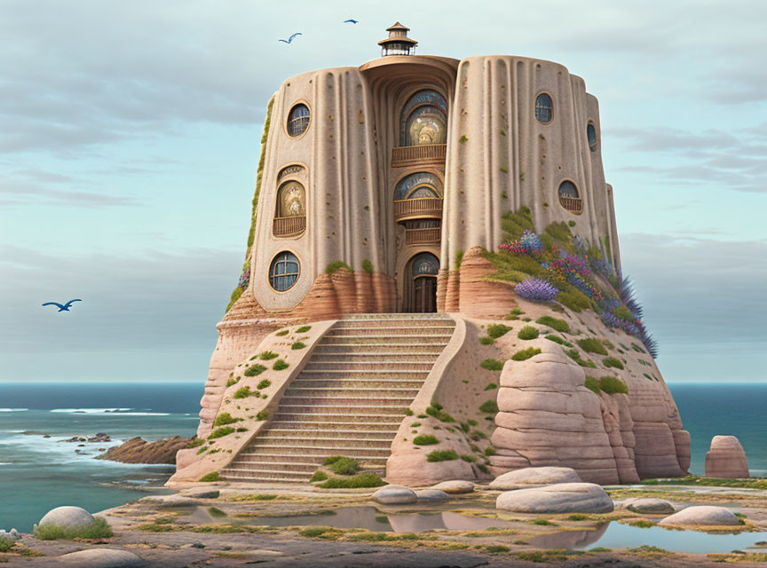 Fantastical sand castle-like lighthouse on coastal rock with grand staircases and flora under serene sky