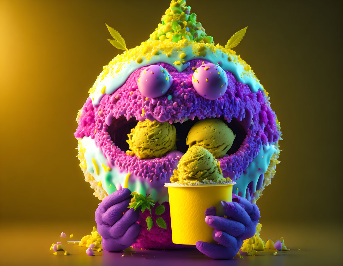 Colorful 3D illustration: whimsical ice cream monster with purple skin and lemon cup