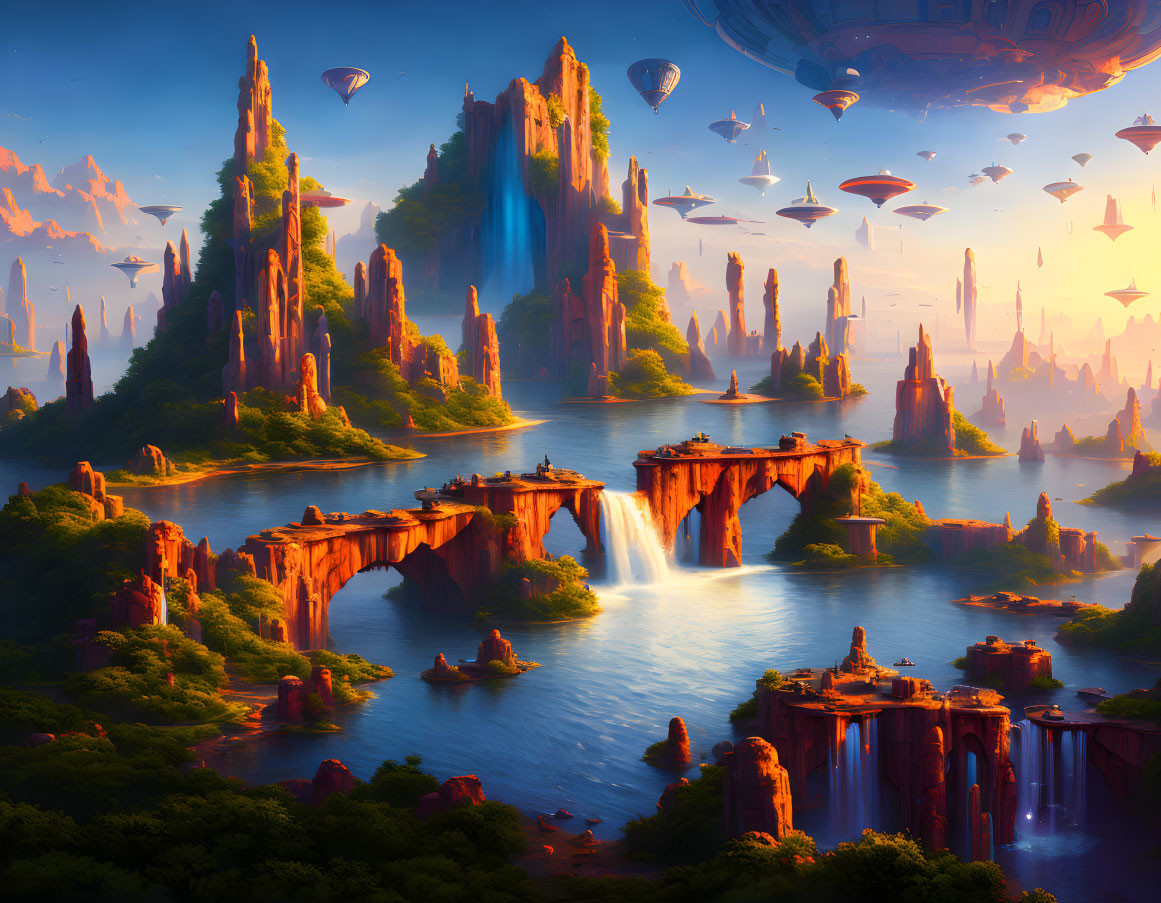 Futuristic sci-fi landscape with rock formations, waterfalls, rivers, and floating cities