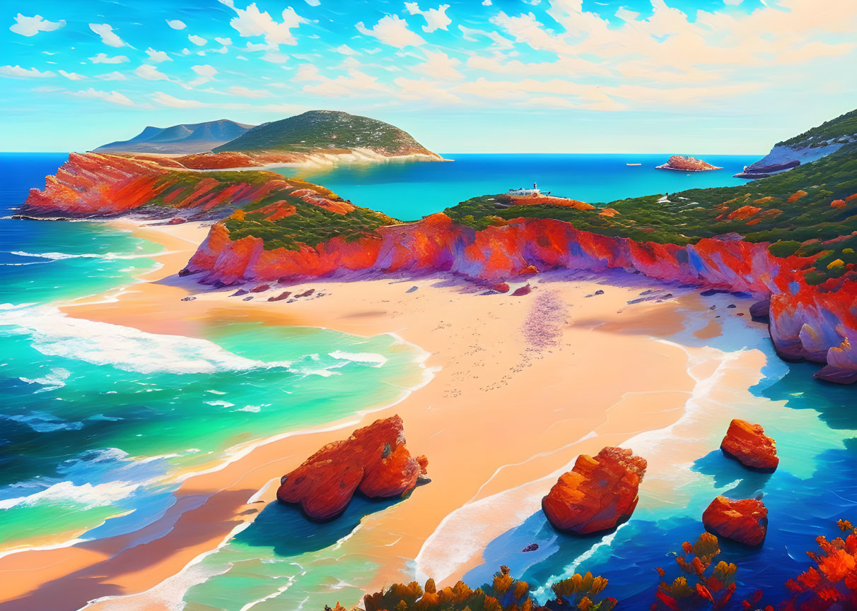 Coastal seascape digital painting: turquoise waters, orange cliffs, greenery, sandy beach,