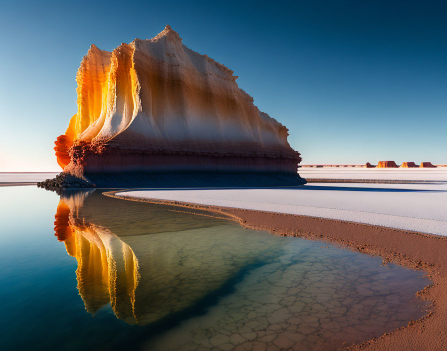 Orange Rock Formation Reflecting on Water with Salt Flats in View