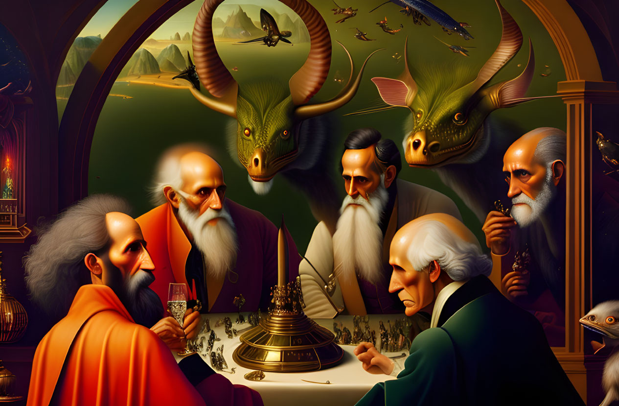 Surreal painting of men with beards in Victorian setting discussing with fantastical creatures.