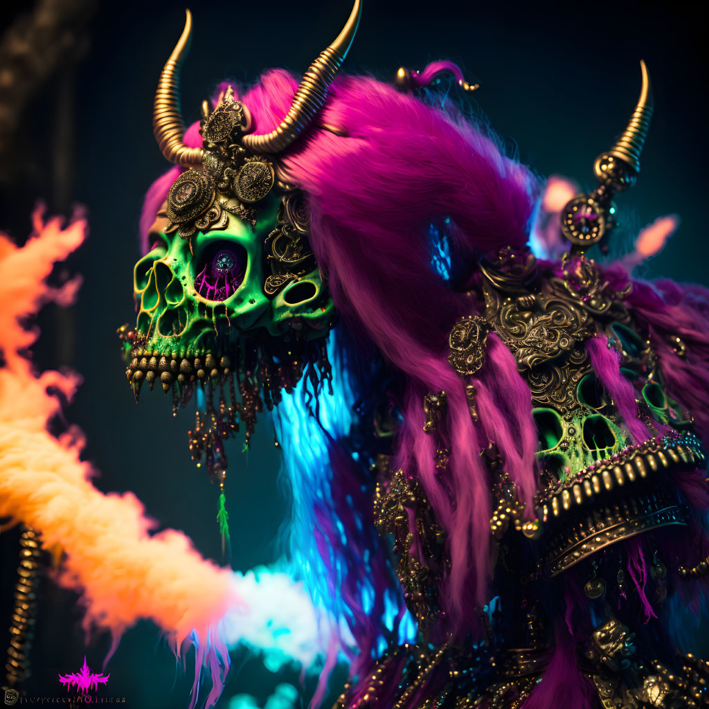 Colorful neon-lit skull with metallic details and braided purple hair, surrounded by flames.