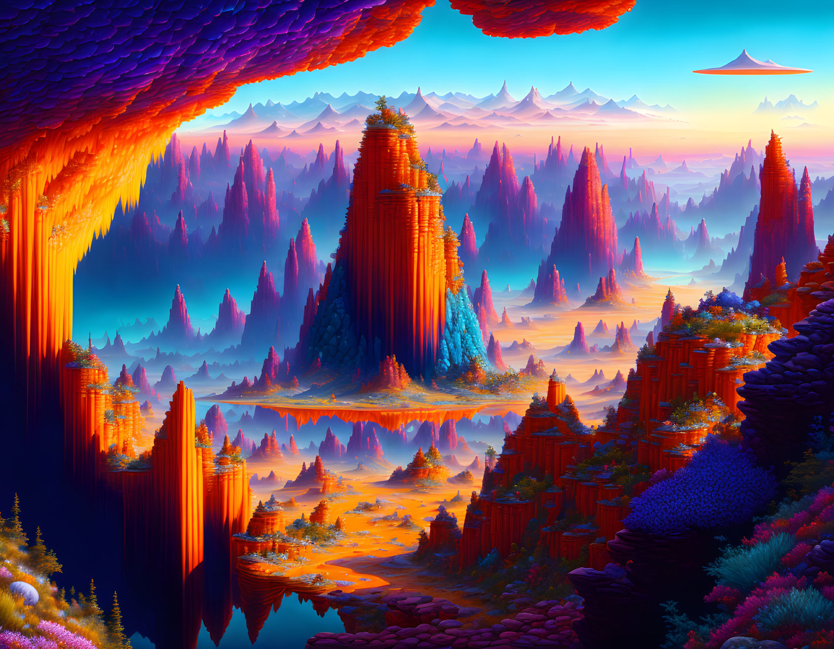 Colorful surreal landscape with neon foliage, towering rocks, water, and flying object