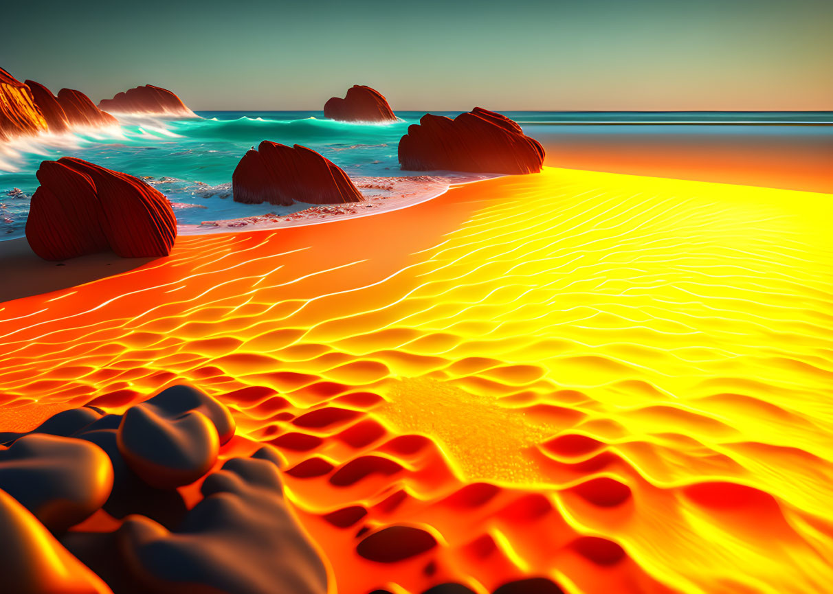 Surreal beach scene with molten lava patterns transitioning into seaside rocks under sunset or sunrise sky