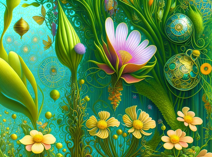 Colorful digital artwork: stylized flowers and plants on teal background