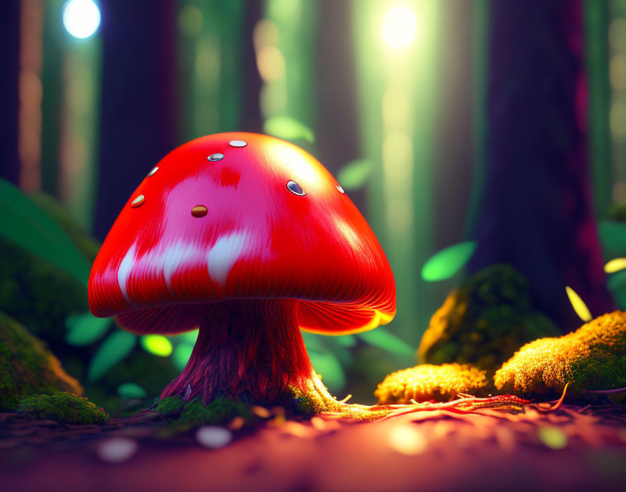 Vibrant red mushroom with white spots in mystical forest with sunbeams