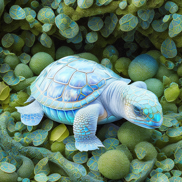 Stylized digital artwork of blue-patterned turtle in green plant background
