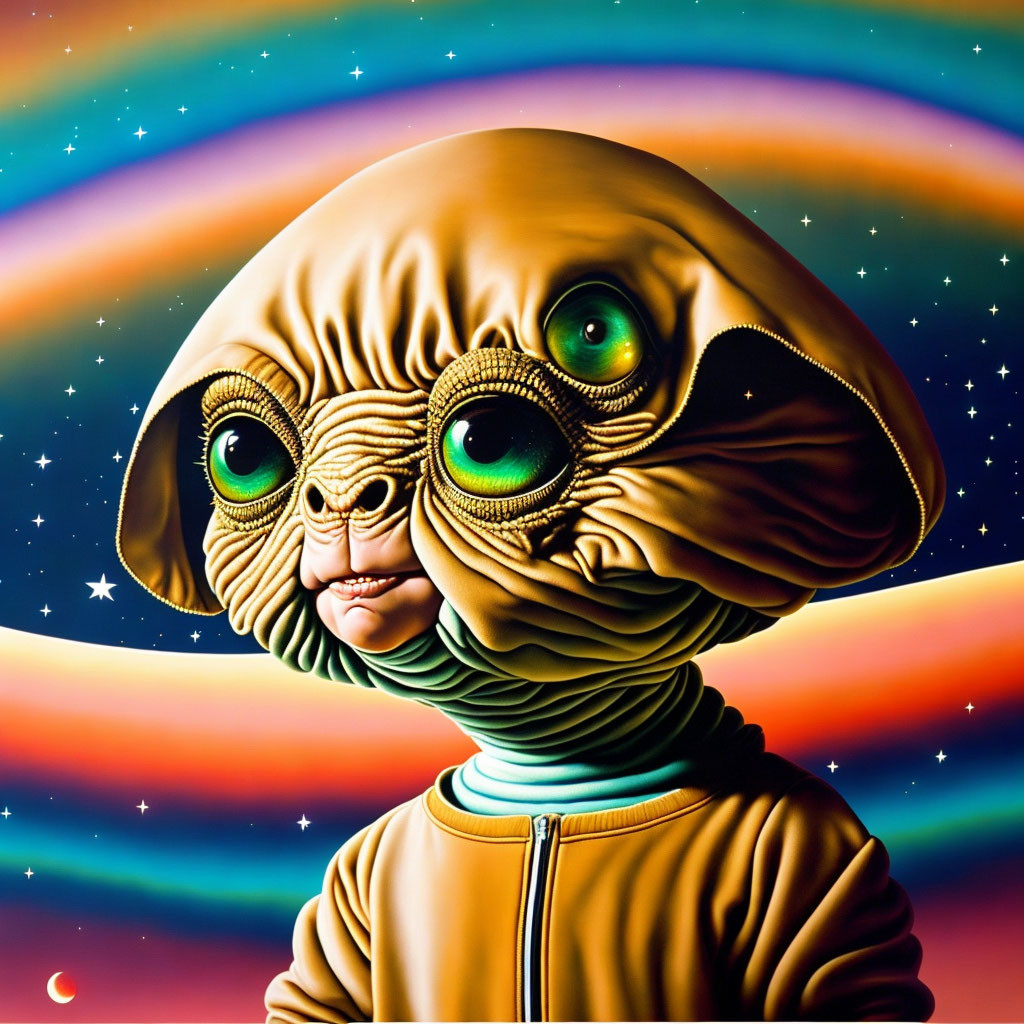 Extraterrestrial illustration with large green eyes in space scene
