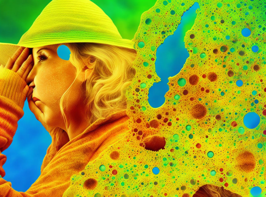 Yellow Outfit Woman with Green and Yellow Abstract Texture