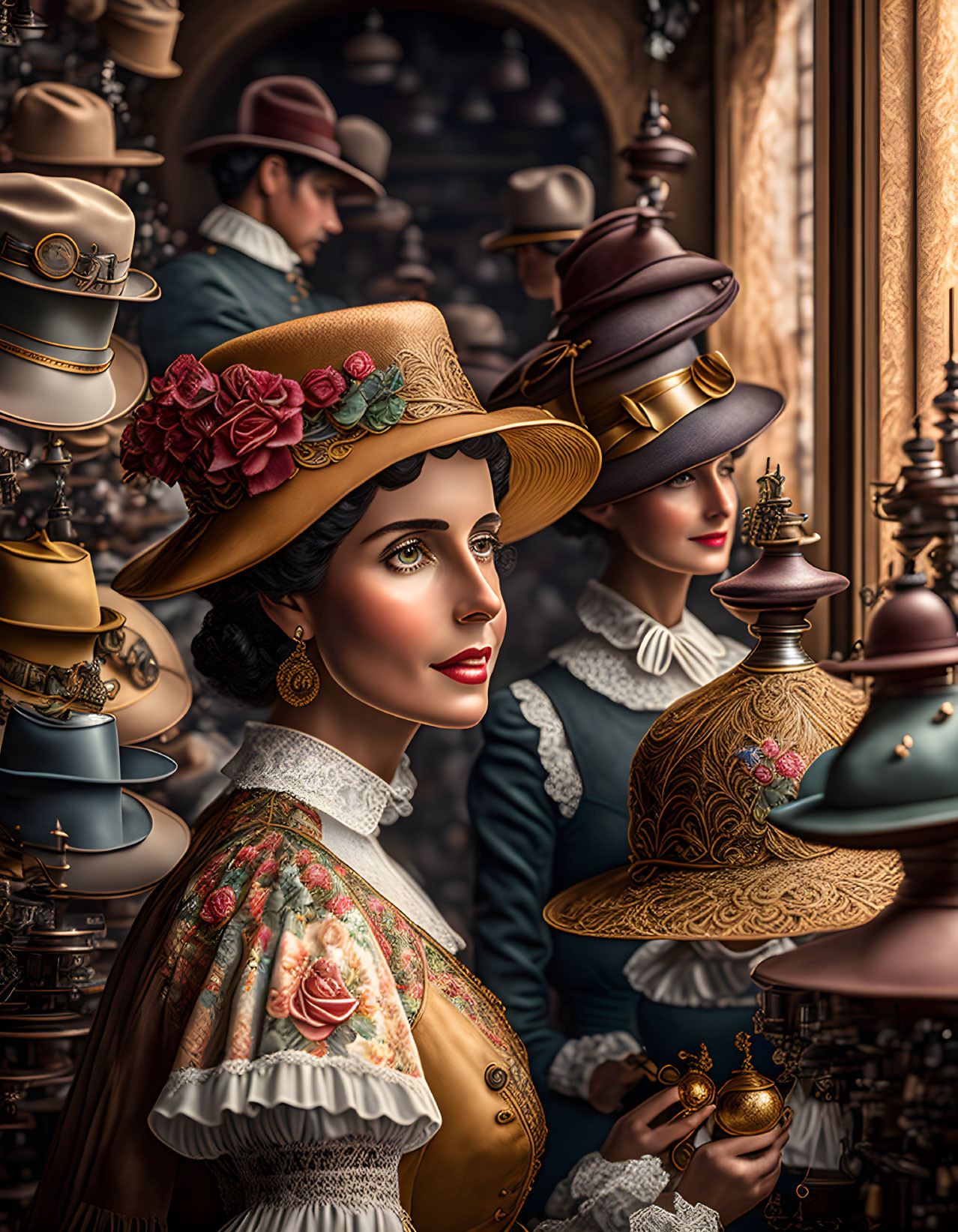 Victorian-era Women in Elegant Hats Surrounded by Mirrors