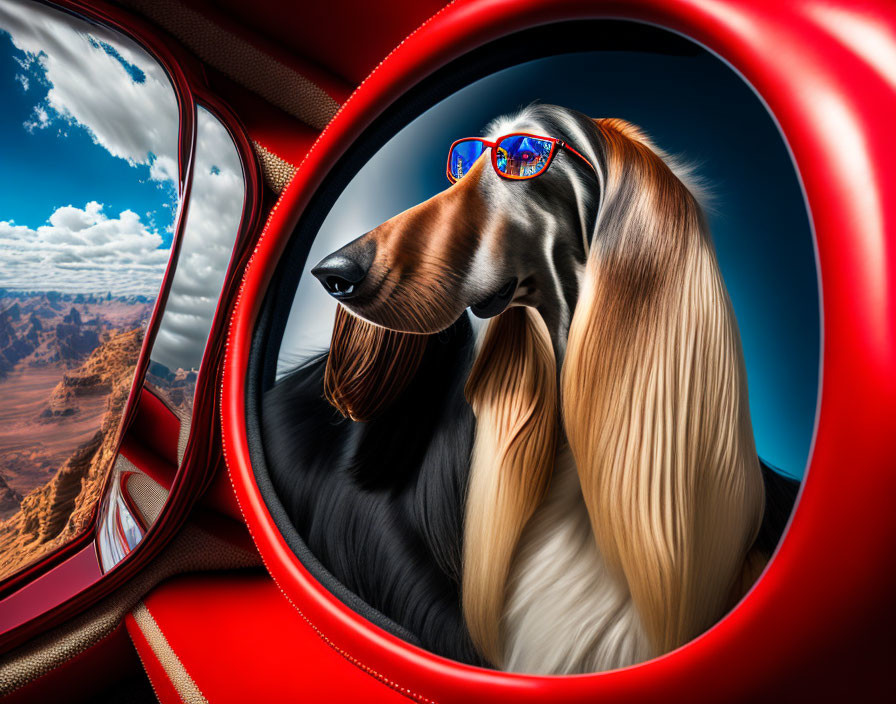 Afghan Hound in Red Sunglasses Sitting in Car Desert View