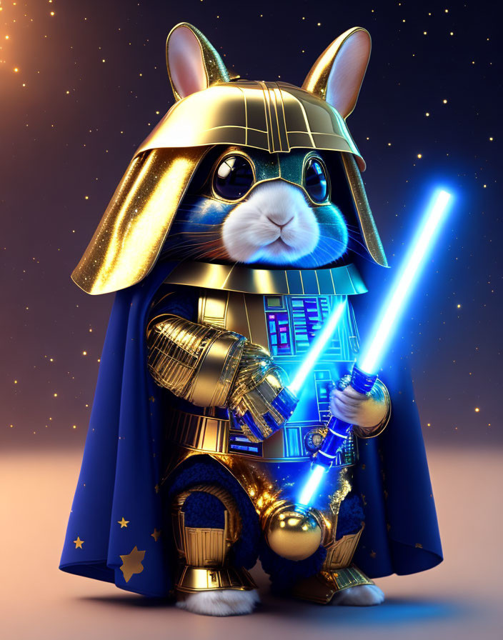 Digital Illustration: Cute bunny in Jedi costume with blue lightsaber on starry backdrop