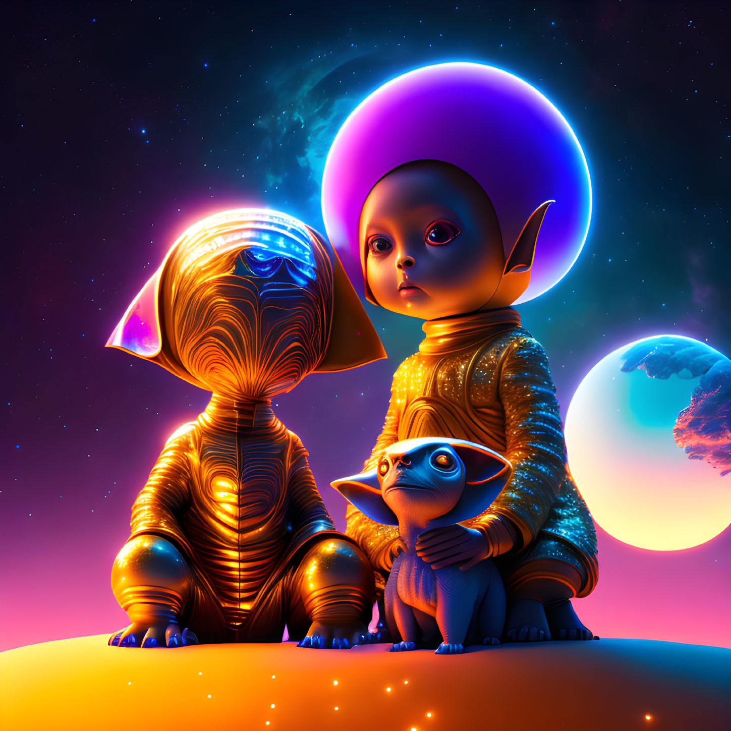 Colorful Illustration: Three Alien Creatures under Starlit Sky