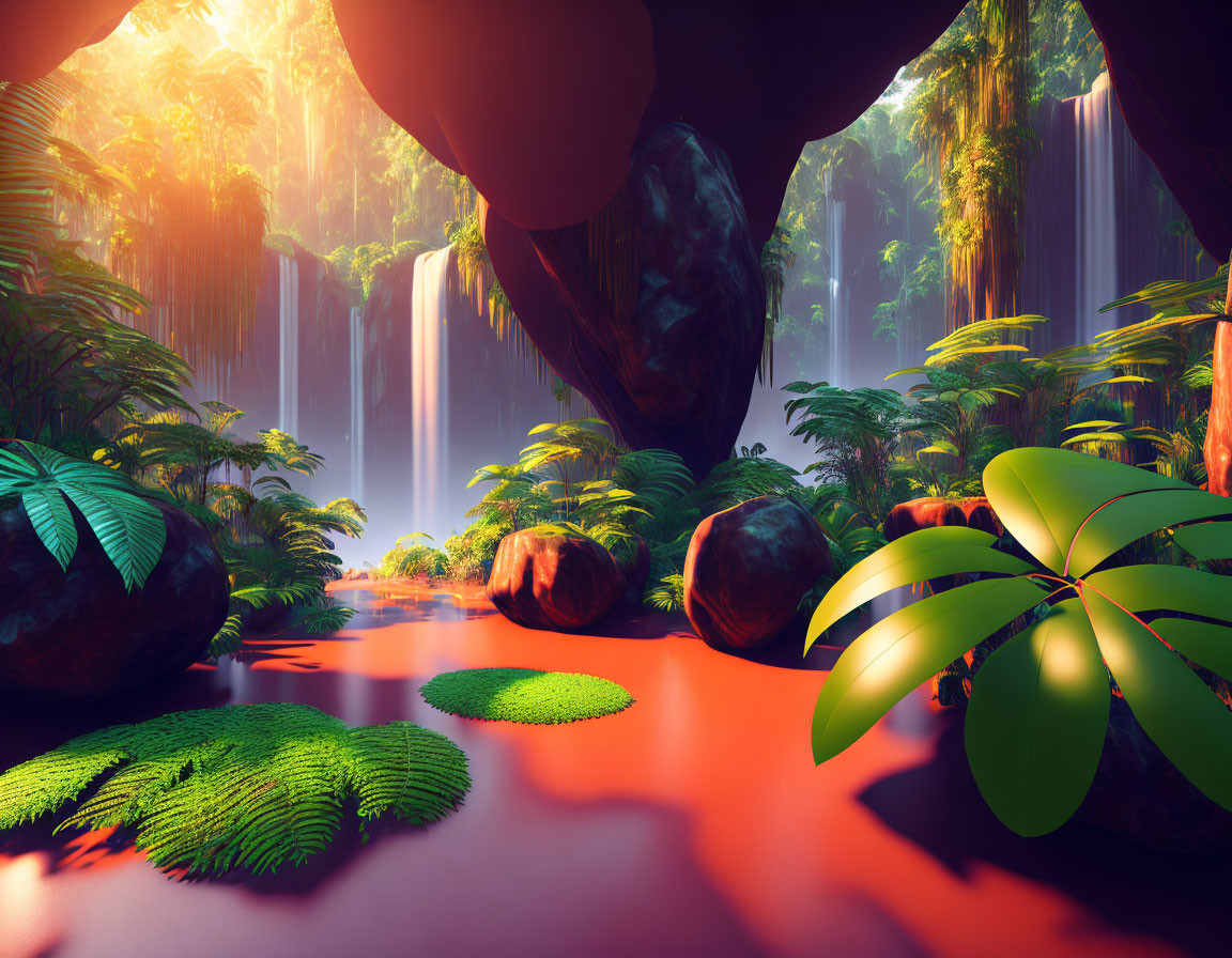 Ethereal jungle with lush greenery, river, waterfalls, and sunlight