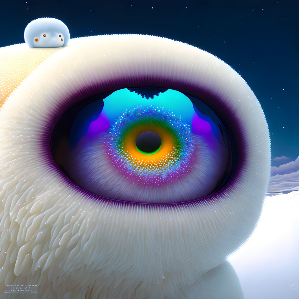 Colorful furry creature with large eye and small figure under starry night sky
