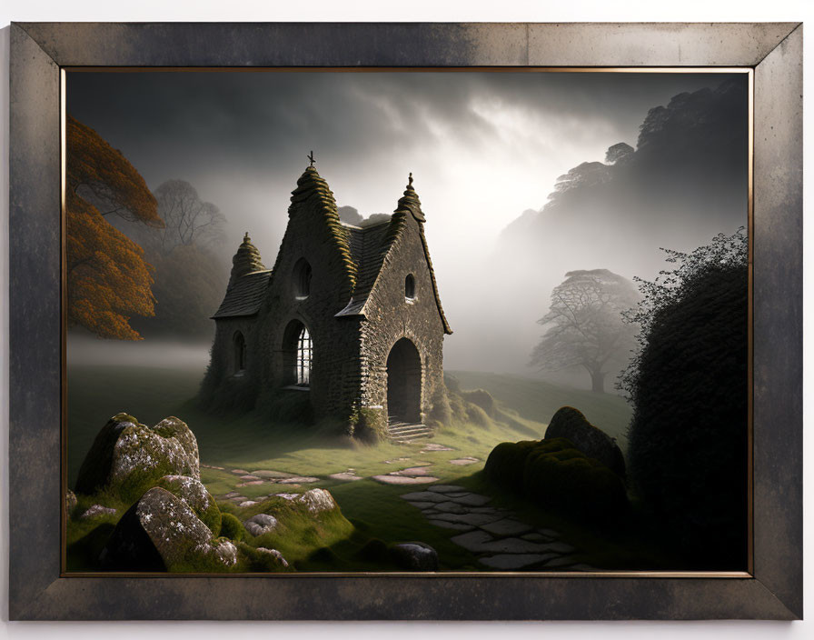 Stone chapel with moss-covered roof in mystical landscape with sunlight and mist.