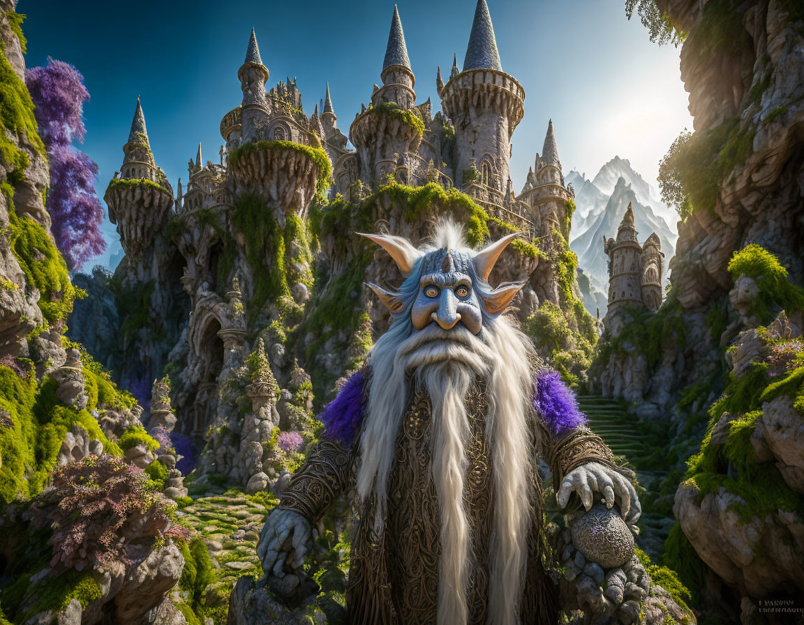 Illustration of bearded wizard in vibrant fantasy landscape