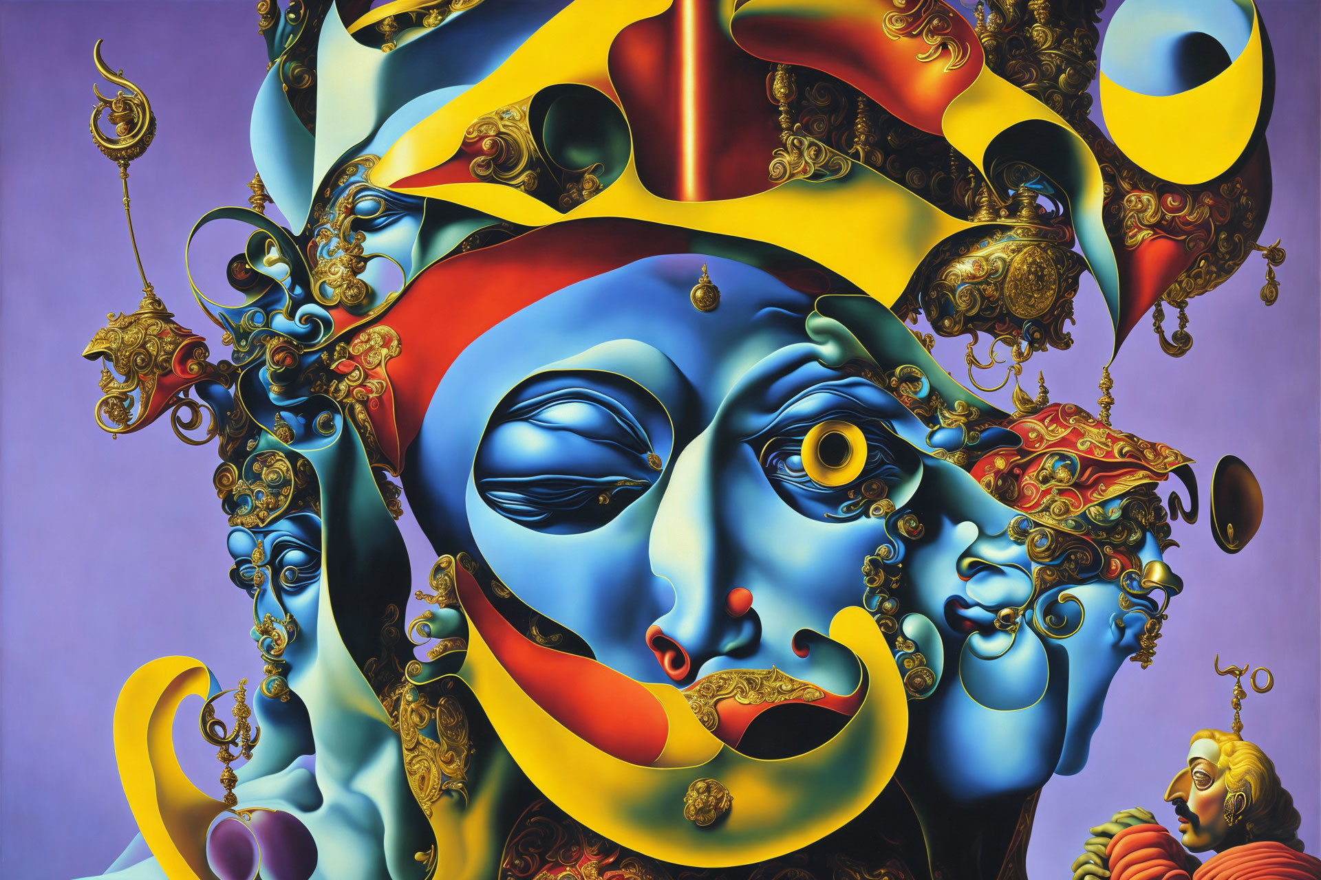 Colorful Surrealist Painting with Composite Face & Ornate Designs