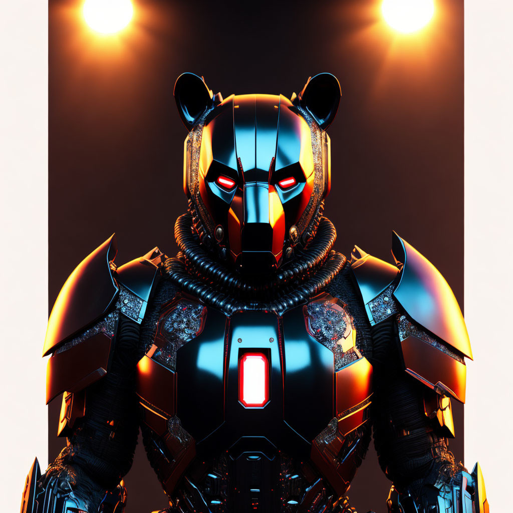Futuristic robotic bear with black exoskeleton and red eyes