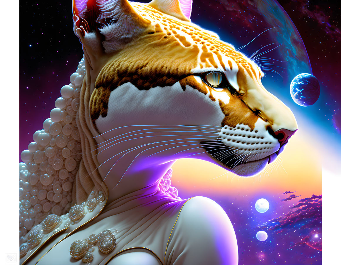 Surrealist illustration of female figure with tiger head in cosmic setting
