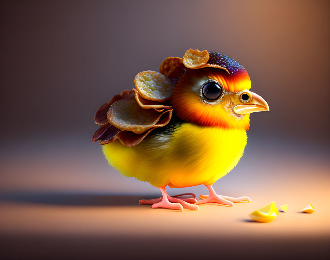 Colorful bird with potato chip wings on brown background
