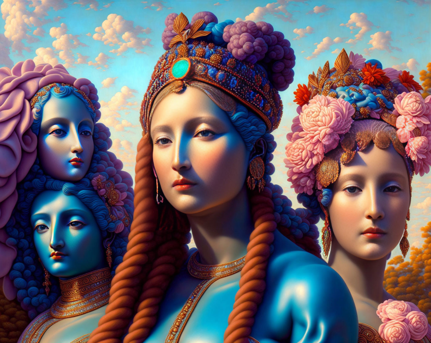 Stylized colorful female figures with elaborate headwear and decorative flowers on sky-blue background