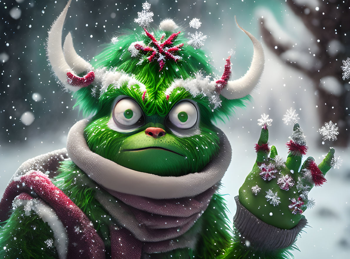 Furry green creature with horns holding snow-covered tree in snowy scene