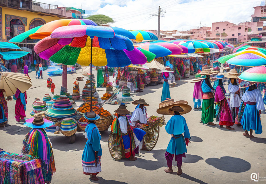 Colorful Market Scene with Traditional Attire and Various Stalls