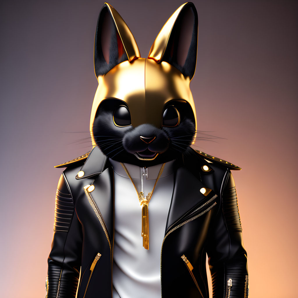 Anthropomorphic rabbit in leather jacket and gold accessories on gradient background