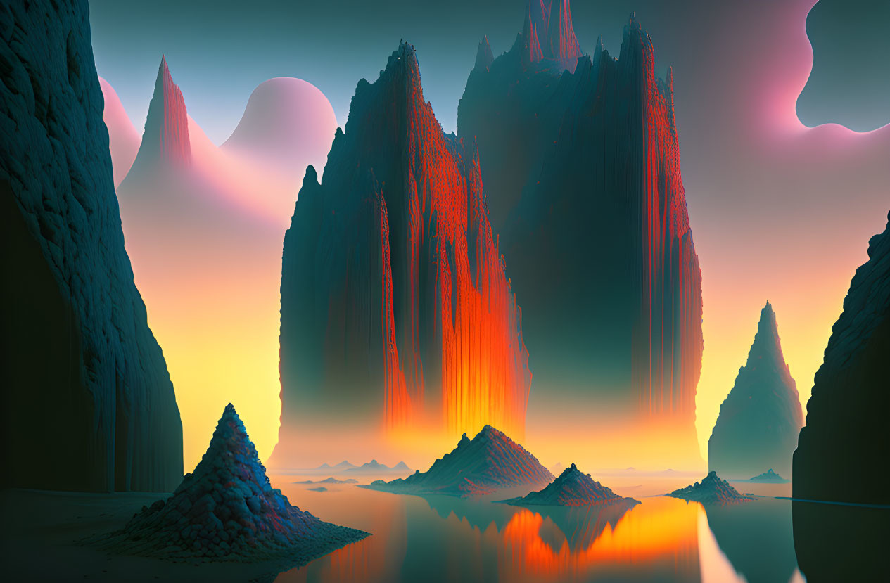 Surreal landscape with towering spiky formations and gradient sky.