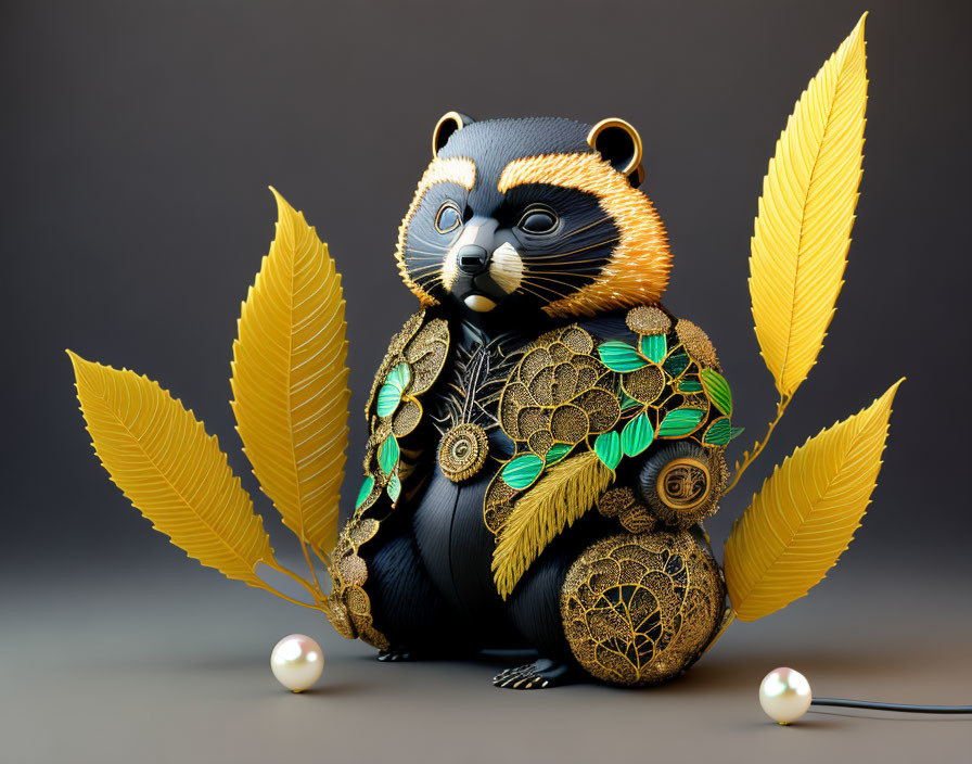 Stylized ornate raccoon figurine with gold and emerald embellishments surrounded by golden leaves