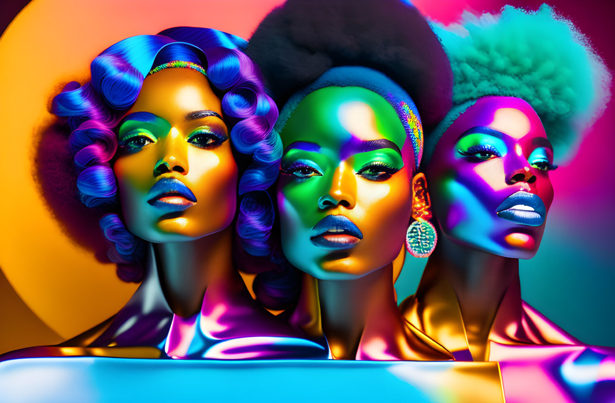 Vibrant makeup and colorful hairstyles on three women against multicolored backdrop