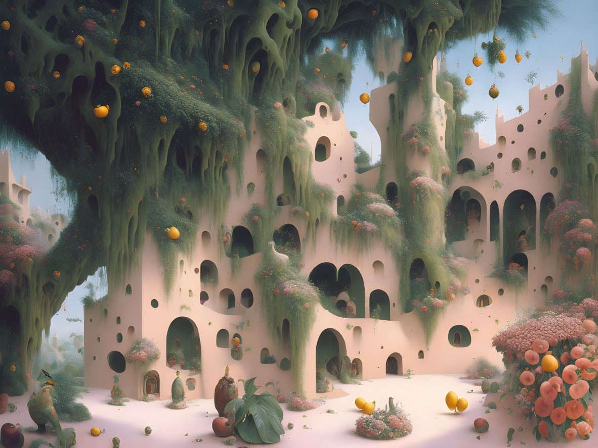 Surreal landscape with tree-like structures, greenery, holes, windows, oversized fruits.