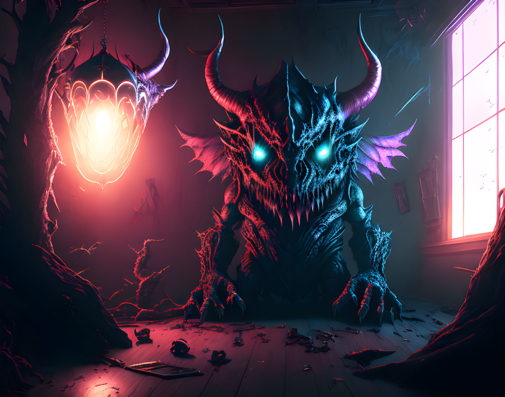 Menacing creature with red eyes and horns in dimly lit room with eerie blue light.