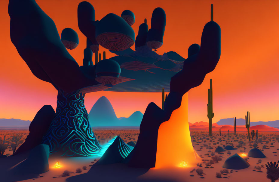 Futuristic desert landscape with glowing alien structure, cacti, and mountains